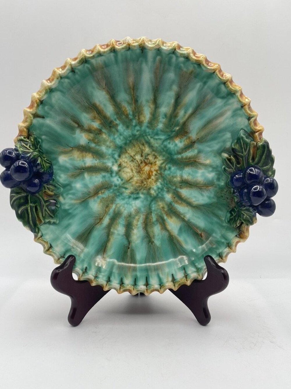 Vtg St. Peter Graz Majolica Pottery Drip Glaze Bowl Purple Grapes Austria #2201